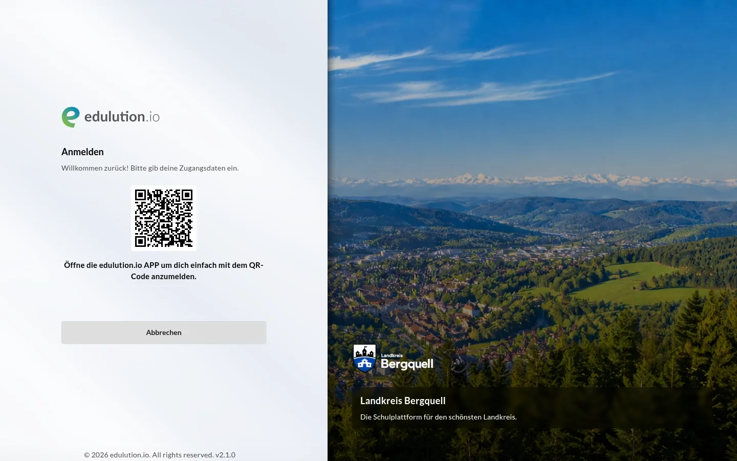 Die Anmeldeseite mit eingeblendetem QR-Code für die Anmeldung über die edulution.io App