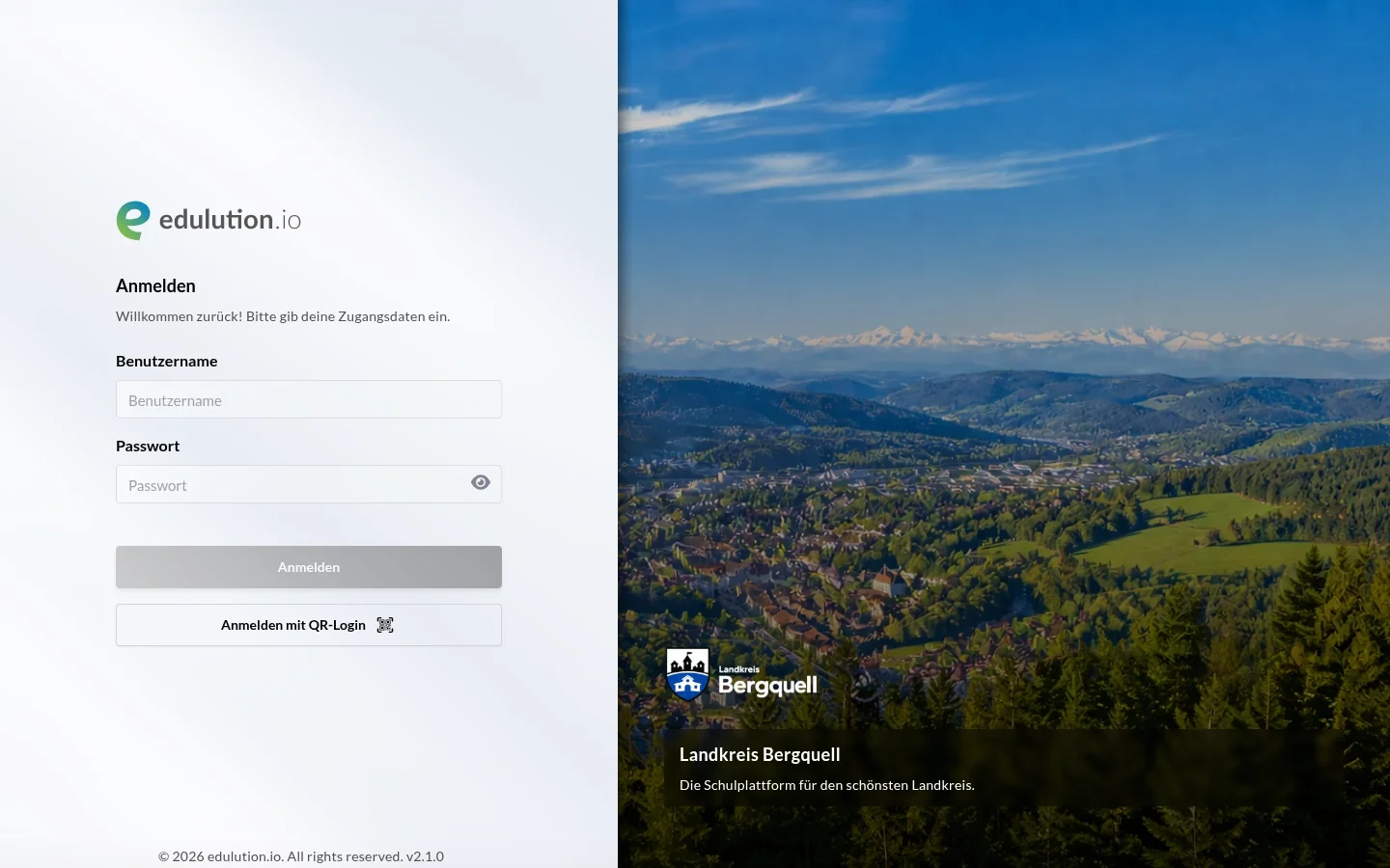 Die neu gestaltete Anmeldeseite: links das Anmeldeformular, rechts der Organisationsbereich mit Login-Bild, Logo, Organisationsname und Login-Text