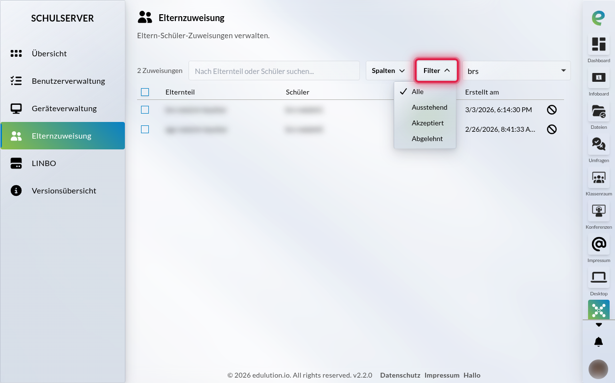 Geöffneter Status-Filter mit den Optionen Alle, Ausstehend, Akzeptiert und Abgelehnt