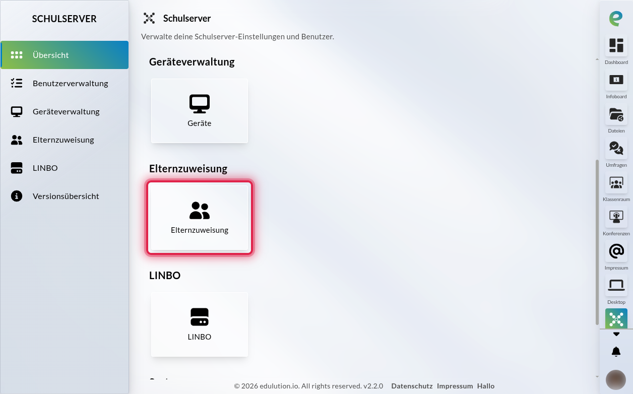 Kachel „Elternzuweisung" auf der Übersichtsseite der Linuxmuster-App