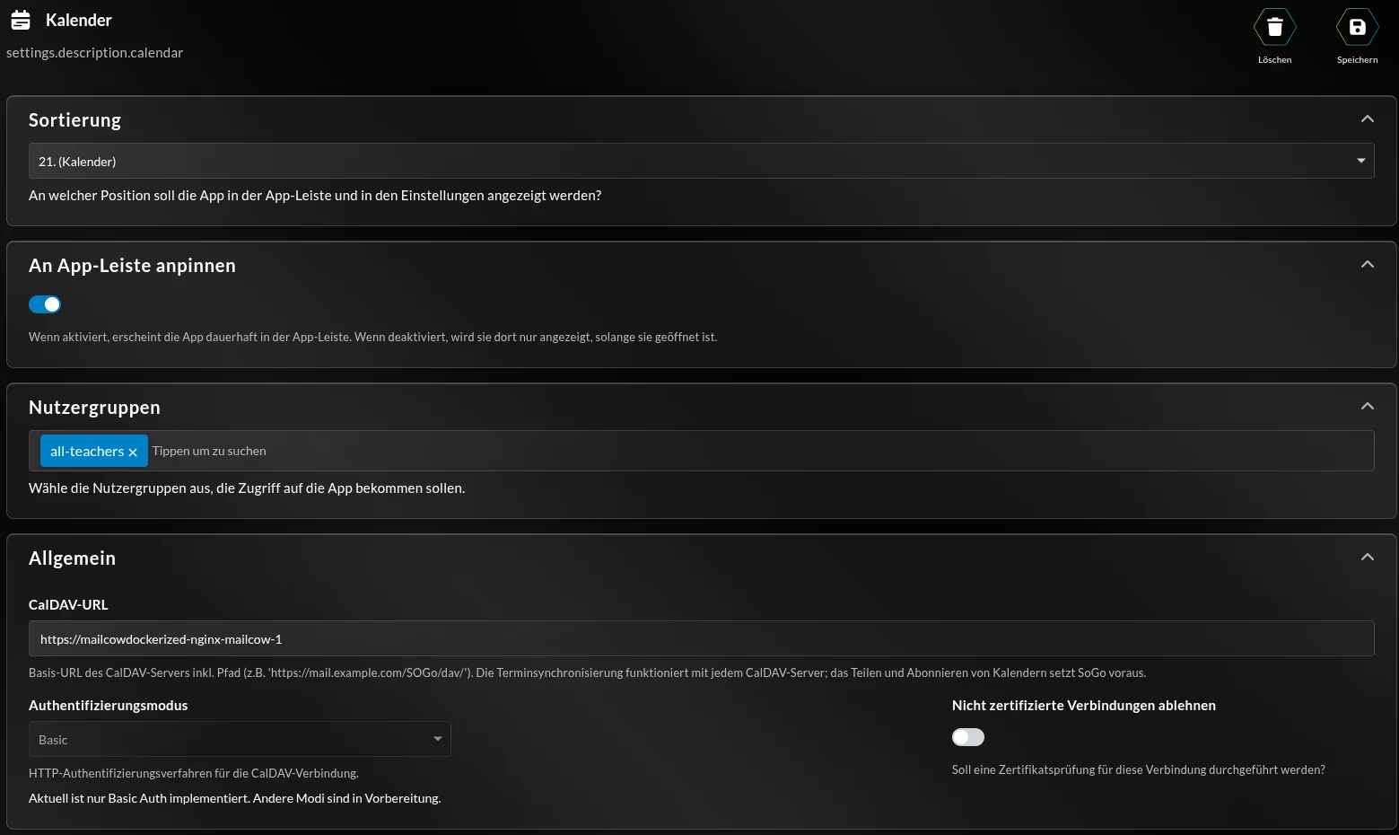 Einstellungen der Kalender-App mit CalDAV-Konfiguration