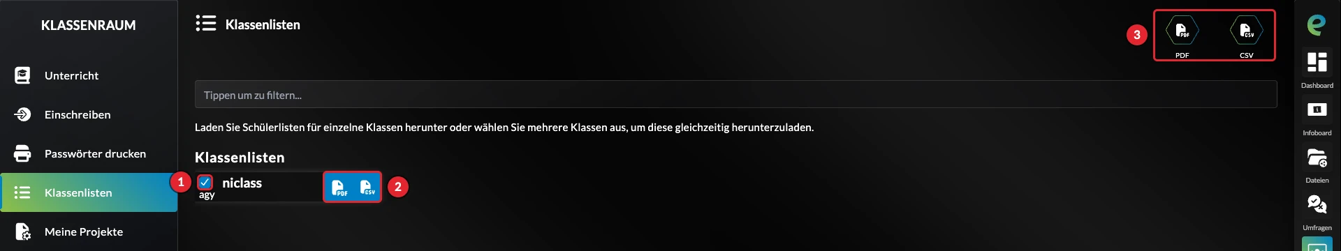 Seite Klassenlisten mit Download als PDF oder CSV