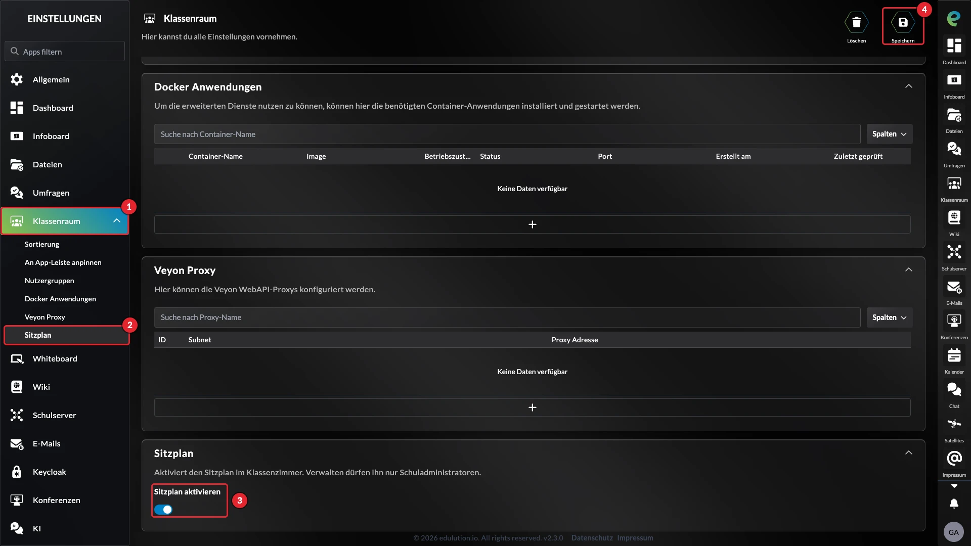 Sitzplan in den Einstellungen der Klassenraum-App einschalten