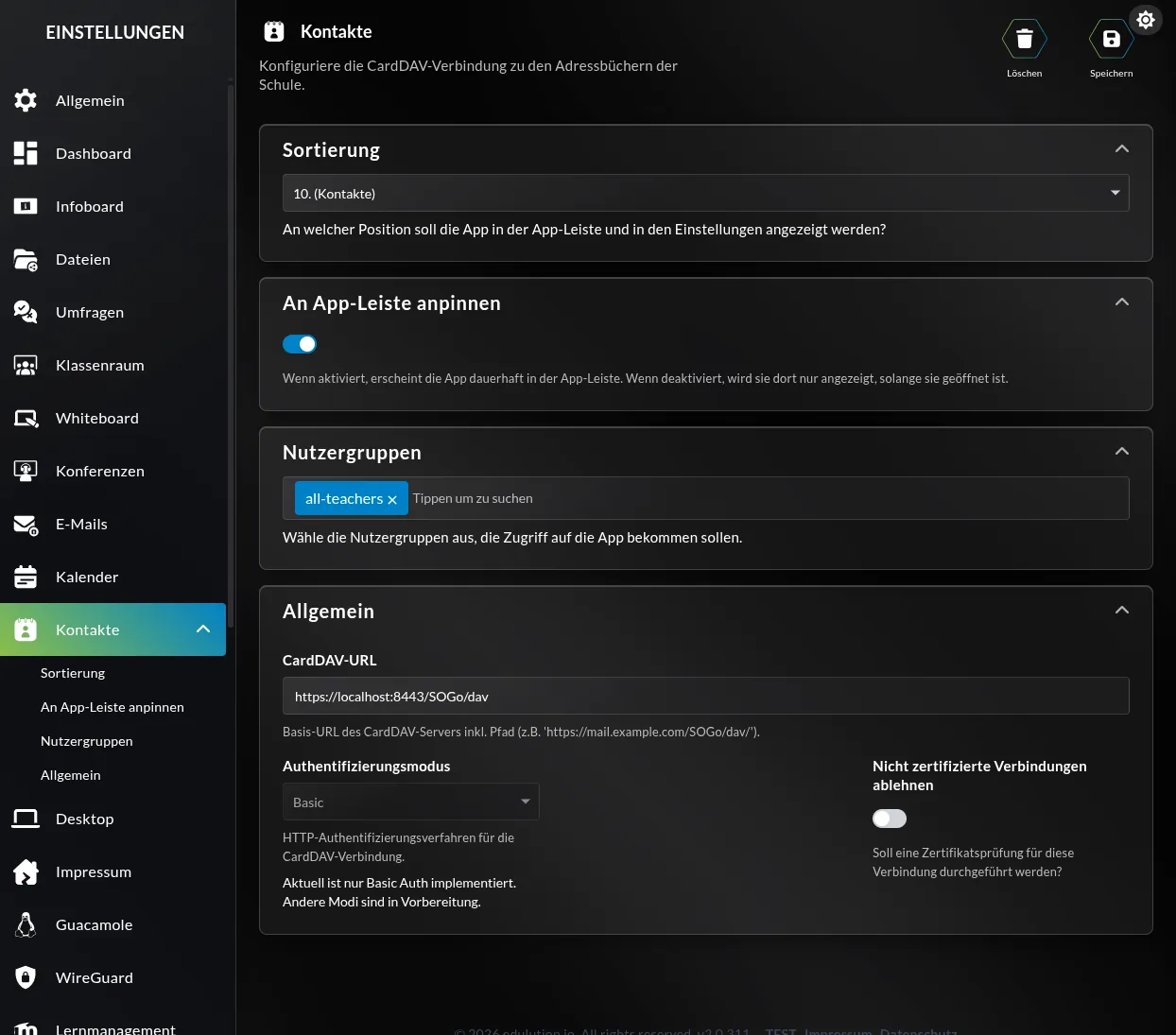 Einstellungen der Kontakte-App mit CardDAV-Konfiguration