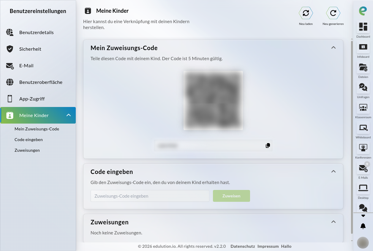 Die Seite „Meine Kinder" mit den Bereichen Zuweisungs-Code, Code eingeben und Zuweisungen (Beispiel aus der Elternansicht)