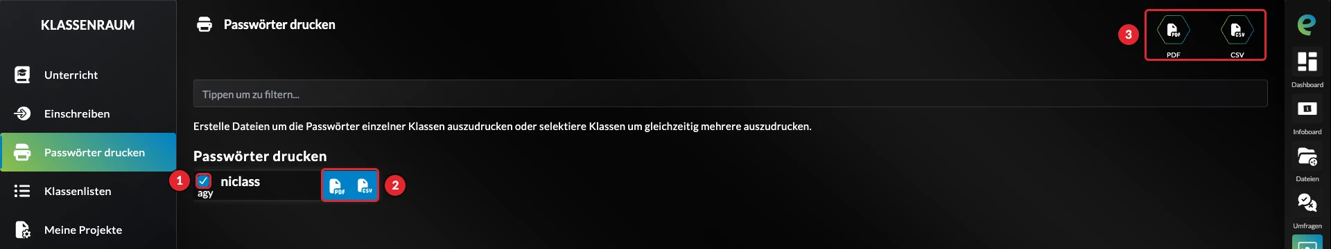 Seite Passwörter drucken mit Download als PDF oder CSV