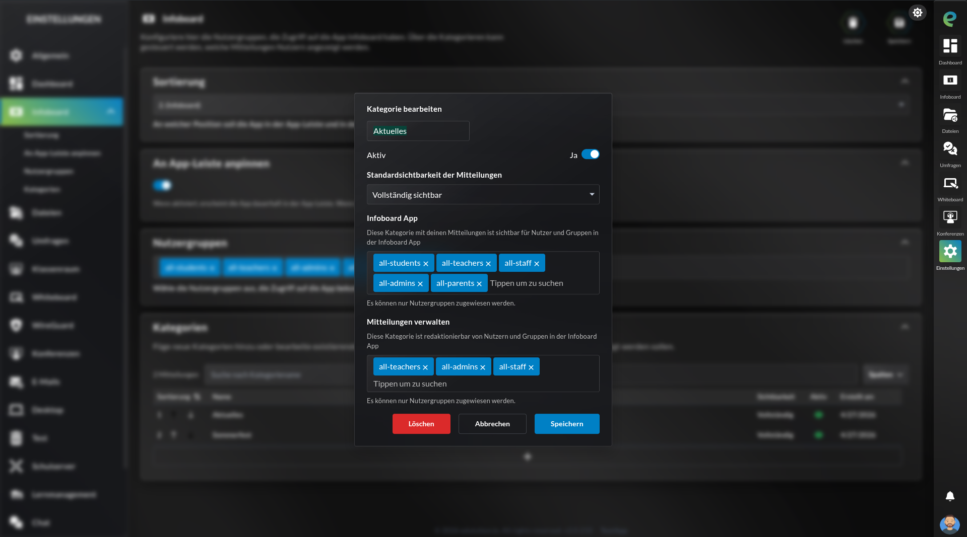 Infoboard - Kategorie Einstellungen