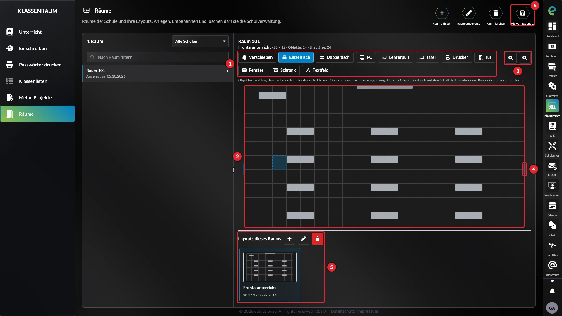 Layout-Editor mit Objektarten, Raster und Layouts des Raums