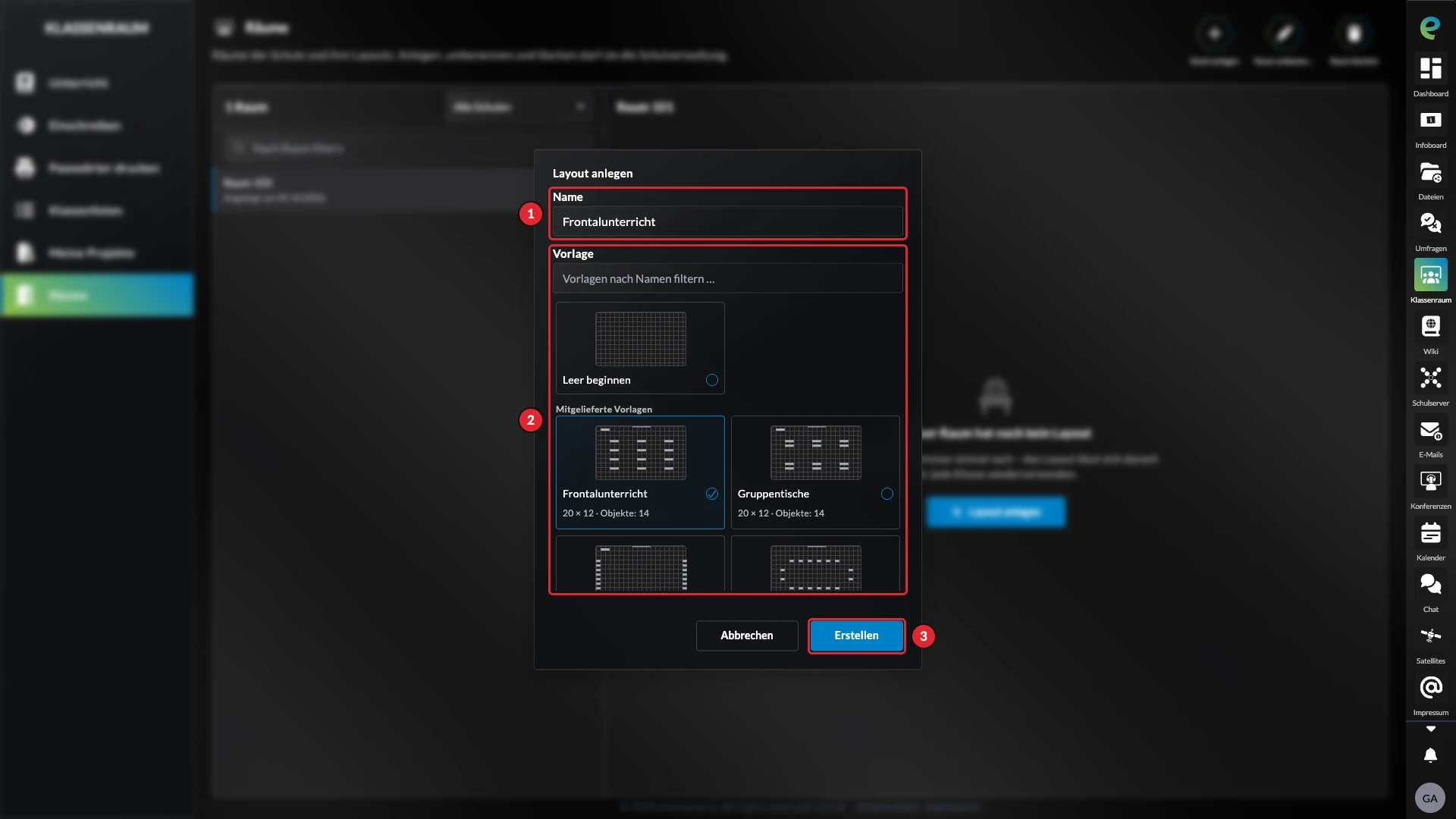 Dialog Layout anlegen mit Name und Vorlage