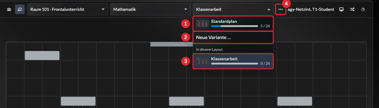 Planauswahl mit Standardplan, neuer Variante und der Variante Klassenarbeit