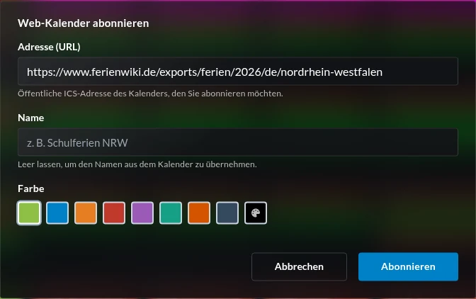 Dialog zum Abonnieren eines Web-Kalenders