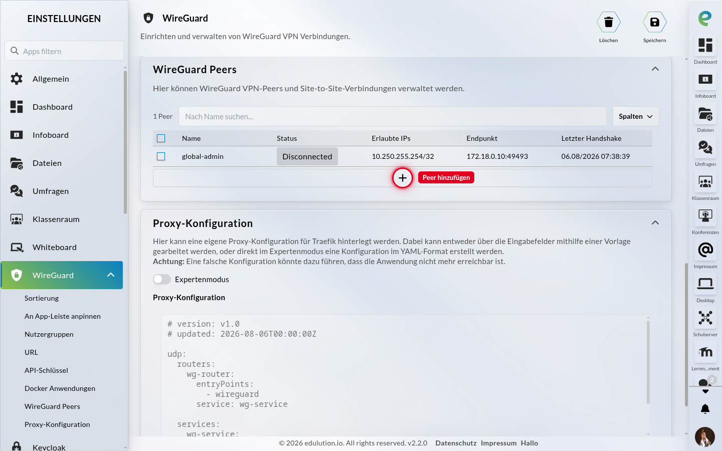 Die WireGuard-Peer-Tabelle in den App-Einstellungen mit der Schaltfläche zum Hinzufügen