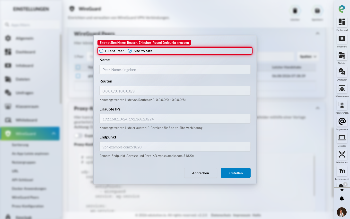 Dialog „Peer hinzufügen“ mit dem Typ Site-to-Site