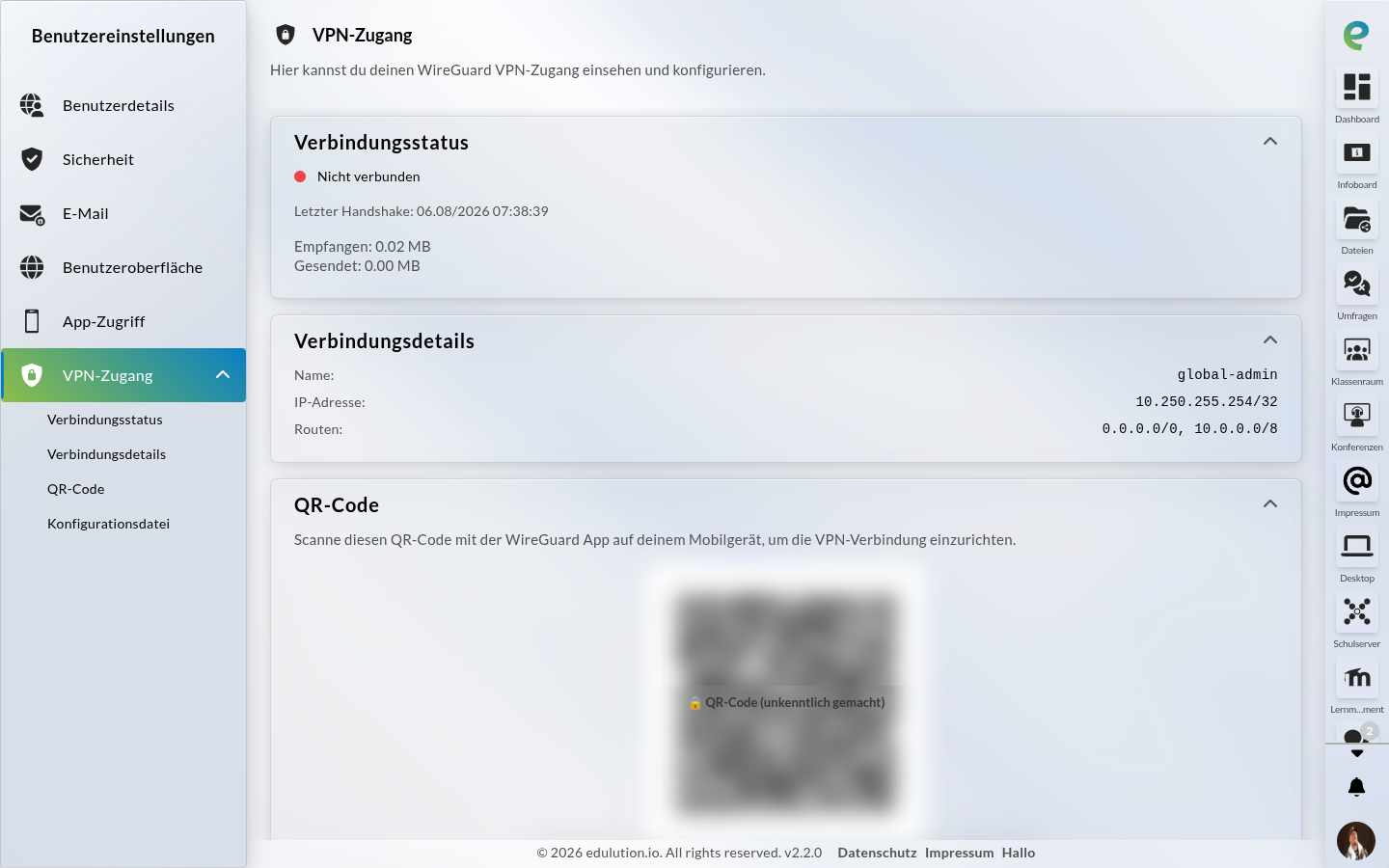 Die VPN-Zugang-Seite mit Verbindungsstatus, Verbindungsdetails und QR-Code