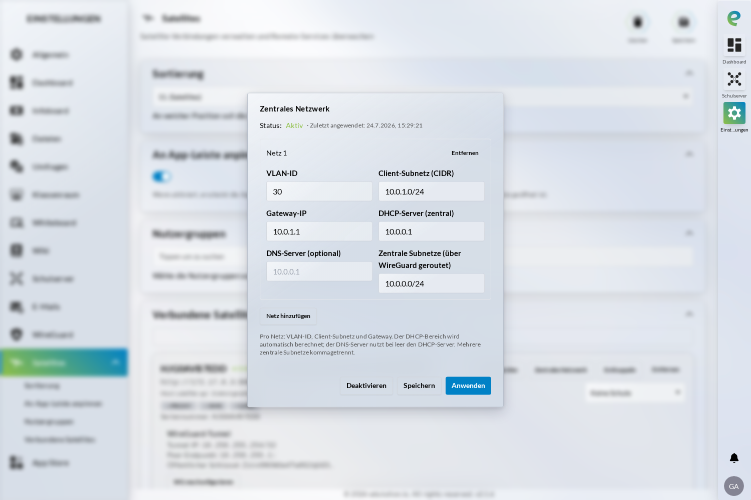 Dialog „Zentrales Netzwerk"